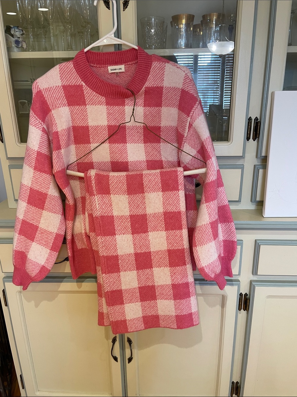 Sugarlips Pink and White Buffalo Check Sweater and Pants Set